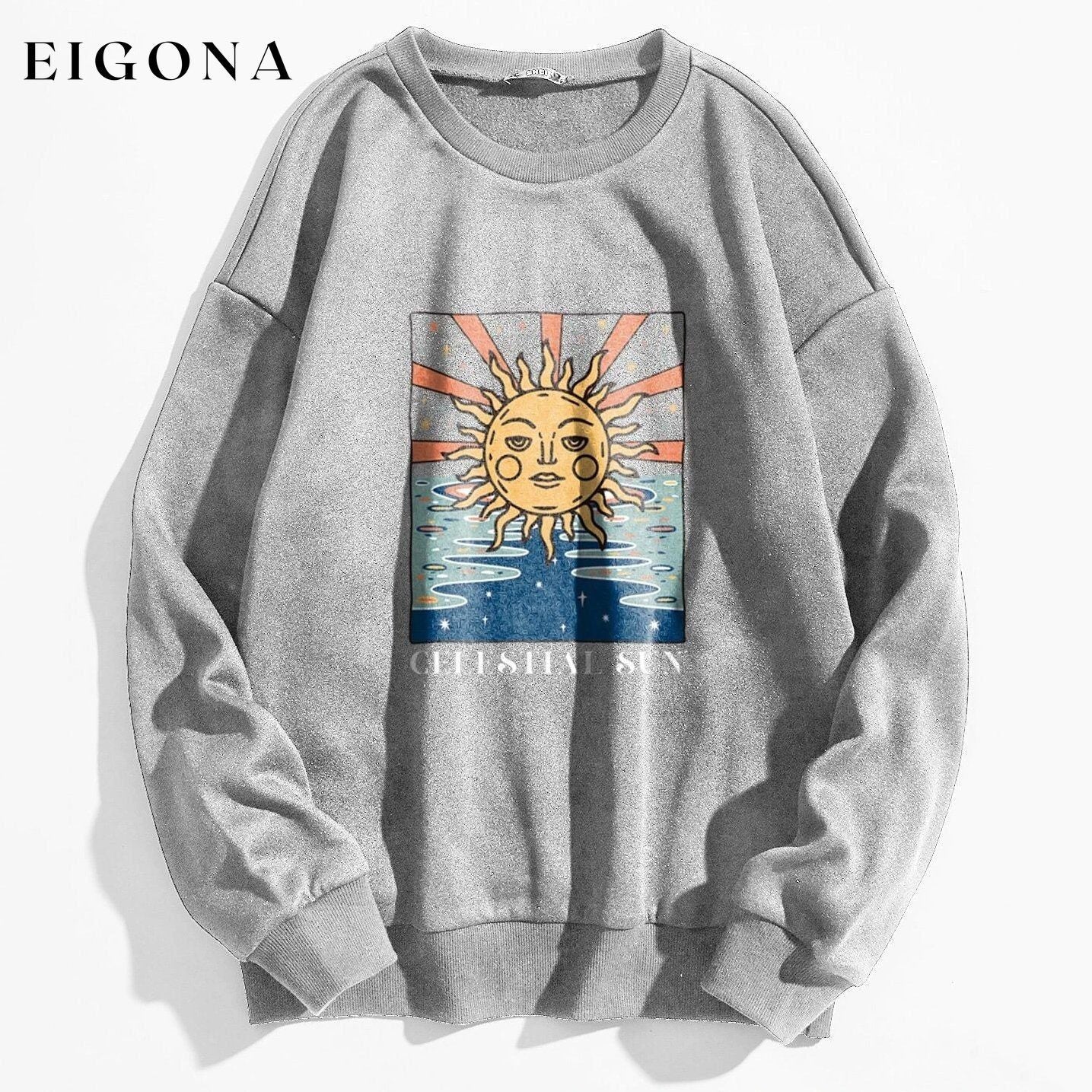 Sun and Letter Graphic Oversized Thermal Sweatshirt Gray __stock:500 clothes refund_fee:800 tops