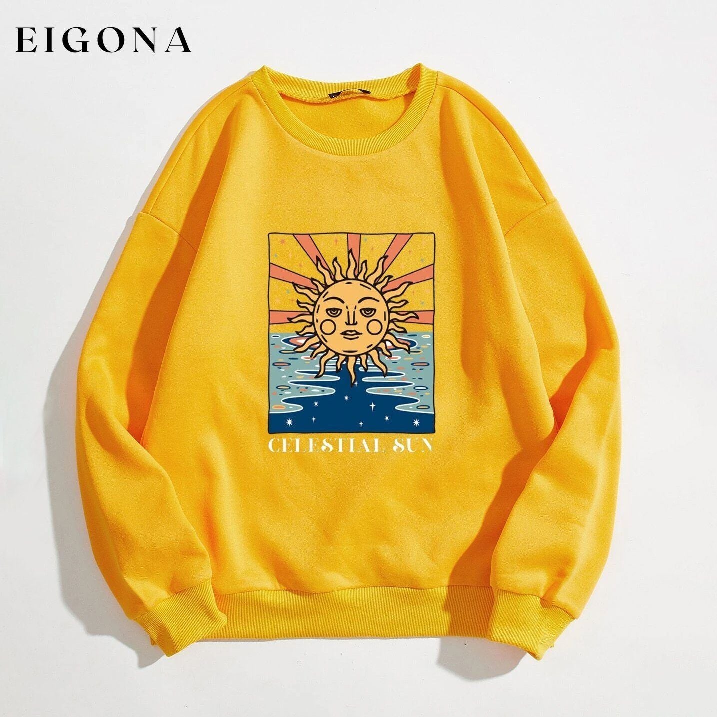 Sun and Letter Graphic Oversized Thermal Sweatshirt Yellow __stock:500 clothes refund_fee:800 tops