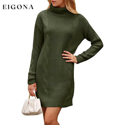 Turtleneck Pullover Sweaters Casual Long Sleeve Plain Winter Knit Sweater Dress Army Green __stock:50 casual dresses clothes dresses refund_fee:1200
