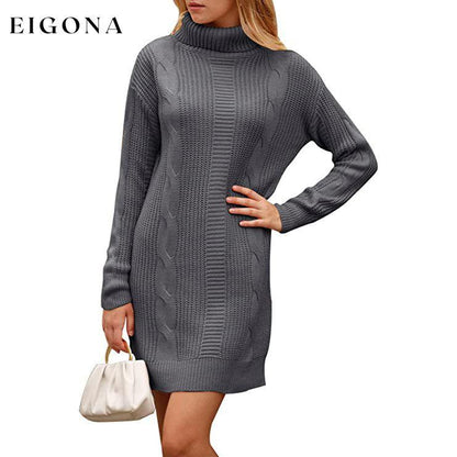 Turtleneck Pullover Sweaters Casual Long Sleeve Plain Winter Knit Sweater Dress Dark Gray __stock:50 casual dresses clothes dresses refund_fee:1200