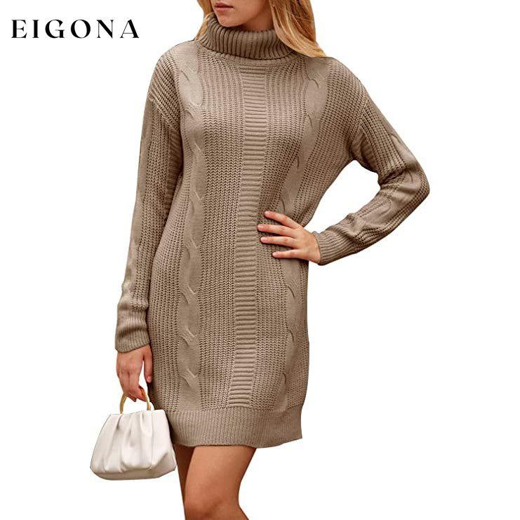 Turtleneck Pullover Sweaters Casual Long Sleeve Plain Winter Knit Sweater Dress Khaki __stock:50 casual dresses clothes dresses refund_fee:1200