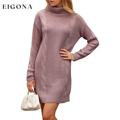 Turtleneck Pullover Sweaters Casual Long Sleeve Plain Winter Knit Sweater Dress Pink __stock:50 casual dresses clothes dresses refund_fee:1200