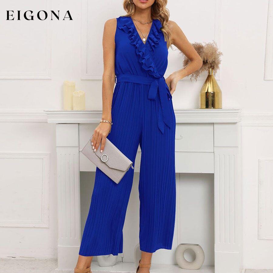 V-Neck Sleeveless Straight Summer Jumpsuit Blue __stock:200 casual dresses clothes dresses refund_fee:1200