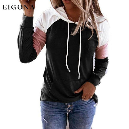 Winter Women’s Fashion Casual Sweatshirts Long Sleeve Hooded Pullover Loose Block Color Pockets Sweatshirts Black __stock:100 clothes refund_fee:800 tops