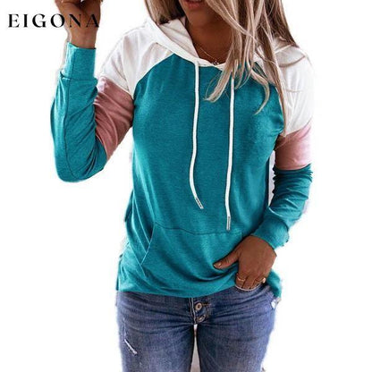 Winter Women’s Fashion Casual Sweatshirts Long Sleeve Hooded Pullover Loose Block Color Pockets Sweatshirts Blue __stock:100 clothes refund_fee:800 tops
