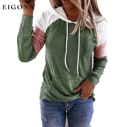 Winter Women’s Fashion Casual Sweatshirts Long Sleeve Hooded Pullover Loose Block Color Pockets Sweatshirts Green __stock:100 clothes refund_fee:800 tops