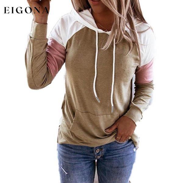 Winter Women’s Fashion Casual Sweatshirts Long Sleeve Hooded Pullover Loose Block Color Pockets Sweatshirts Khaki __stock:100 clothes refund_fee:800 tops
