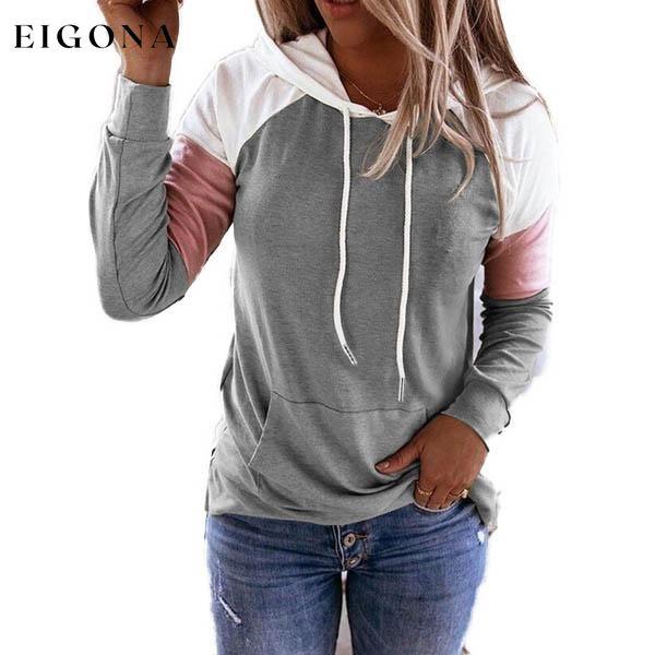 Winter Women’s Fashion Casual Sweatshirts Long Sleeve Hooded Pullover Loose Block Color Pockets Sweatshirts Light Gray __stock:100 clothes refund_fee:800 tops
