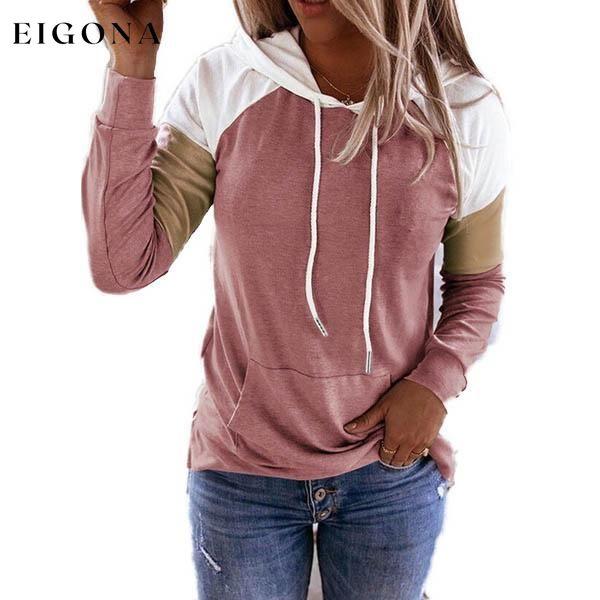 Winter Women’s Fashion Casual Sweatshirts Long Sleeve Hooded Pullover Loose Block Color Pockets Sweatshirts Pink __stock:100 clothes refund_fee:800 tops