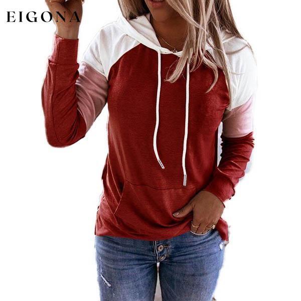 Winter Women’s Fashion Casual Sweatshirts Long Sleeve Hooded Pullover Loose Block Color Pockets Sweatshirts Wine Red __stock:100 clothes refund_fee:800 tops