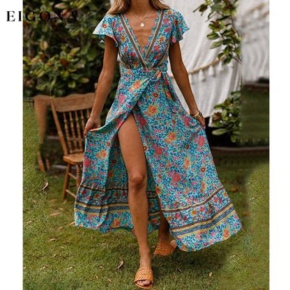 Women Boho Summer Side Split Deep V Neck Short Sleeves Maxi Dress with Belt __stock:350 casual dresses clothes dresses refund_fee:1800