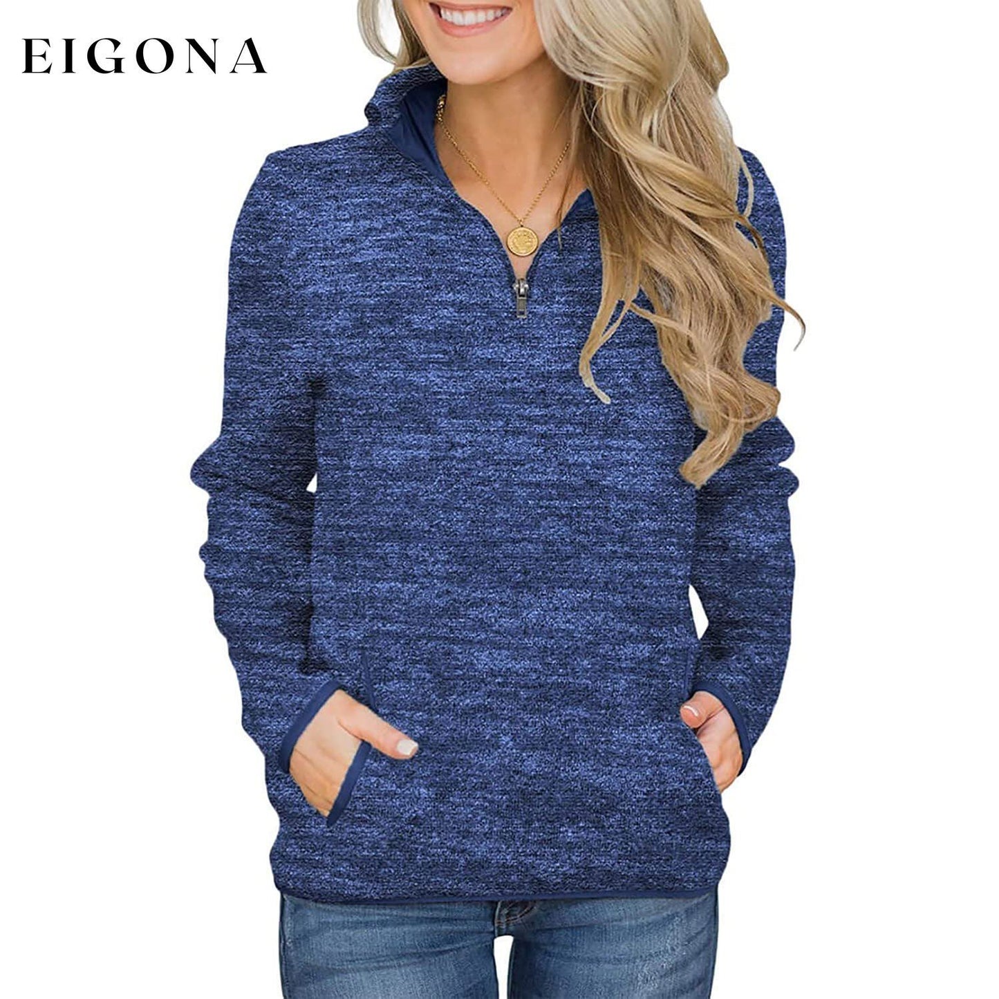 Women Casual Long Sleeve Stand Collar with Pockets Blue __stock:100 clothes refund_fee:1200 tops