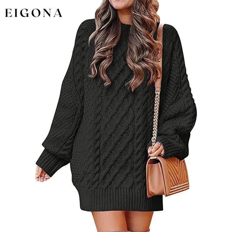 Women Crewneck Long Sleeve Oversized Cable Knit Chunky Pullover Short Sweater Dresses Black __stock:50 casual dresses clothes dresses refund_fee:1200