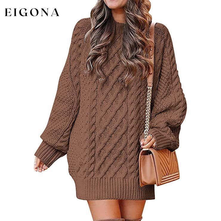 Women Crewneck Long Sleeve Oversized Cable Knit Chunky Pullover Short Sweater Dresses Brown __stock:50 casual dresses clothes dresses refund_fee:1200
