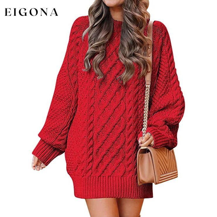 Women Crewneck Long Sleeve Oversized Cable Knit Chunky Pullover Short Sweater Dresses Red __stock:50 casual dresses clothes dresses refund_fee:1200