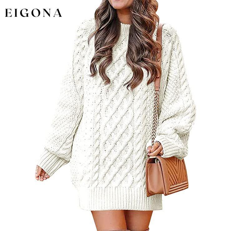 Women Crewneck Long Sleeve Oversized Cable Knit Chunky Pullover Short Sweater Dresses White __stock:50 casual dresses clothes dresses refund_fee:1200
