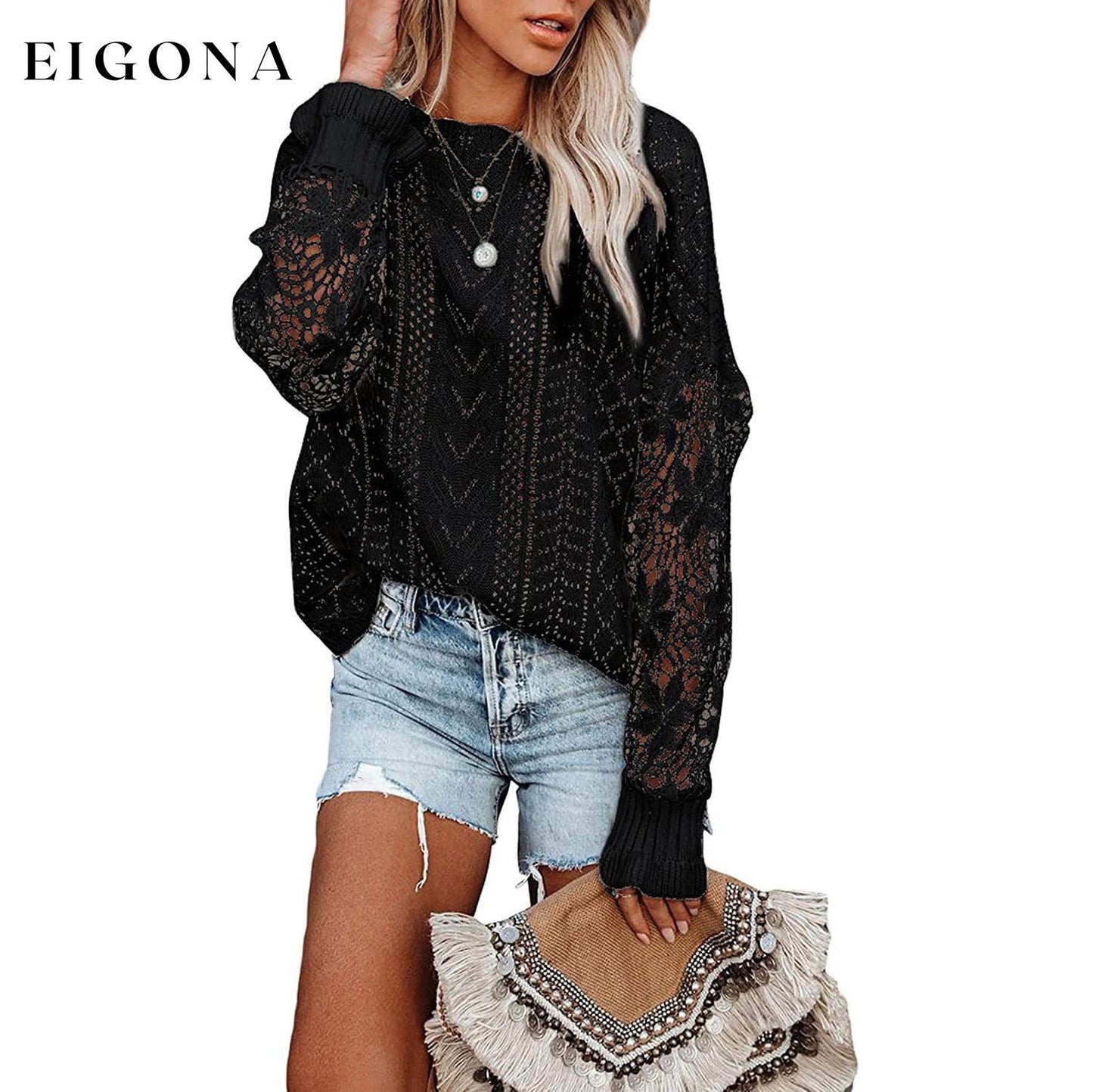 Women Lace Crew Neck Sweater Black clothes refund_fee:1200 tops