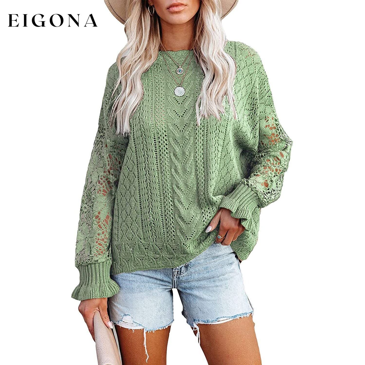Women Lace Crew Neck Sweater Green clothes refund_fee:1200 tops