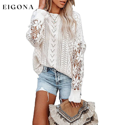 Women Lace Crew Neck Sweater White clothes refund_fee:1200 tops