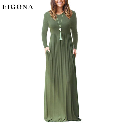 Women Long Sleeve Loose Plain Maxi Dresses Casual Long Dresses with Pockets Army Green __stock:500 casual dresses clothes dresses refund_fee:1200 show-color-swatches