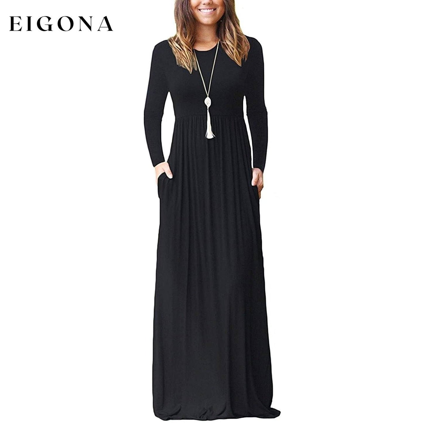 Women Long Sleeve Loose Plain Maxi Dresses Casual Long Dresses with Pockets Black __stock:500 casual dresses clothes dresses refund_fee:1200 show-color-swatches
