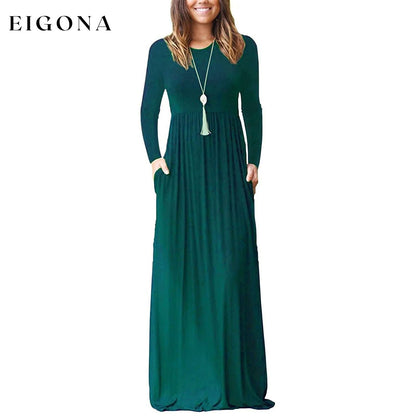 Women Long Sleeve Loose Plain Maxi Dresses Casual Long Dresses with Pockets Dark Green __stock:500 casual dresses clothes dresses refund_fee:1200 show-color-swatches