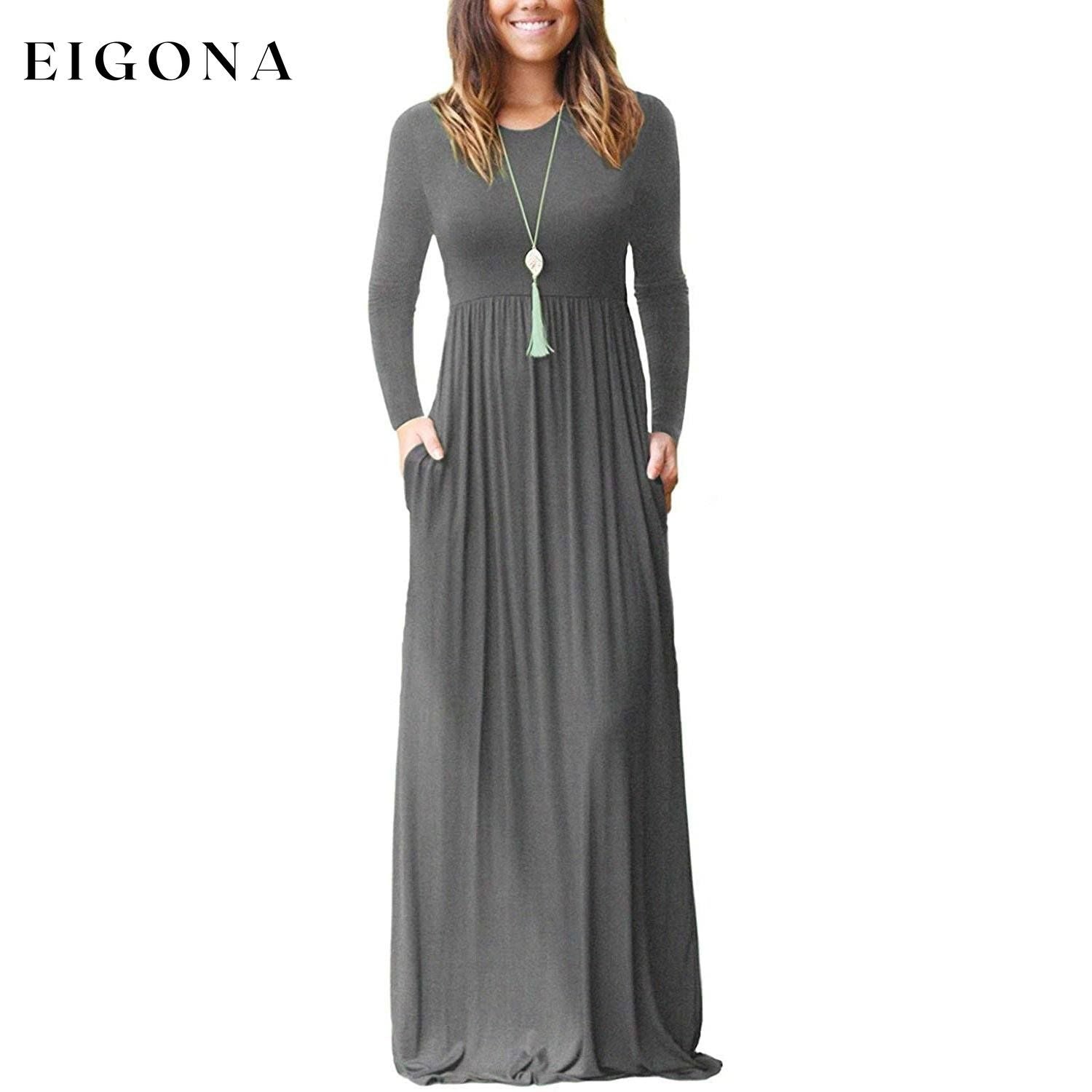 Women Long Sleeve Loose Plain Maxi Dresses Casual Long Dresses with Pockets Gray __stock:500 casual dresses clothes dresses refund_fee:1200 show-color-swatches