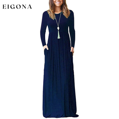 Women Long Sleeve Loose Plain Maxi Dresses Casual Long Dresses with Pockets Navy __stock:500 casual dresses clothes dresses refund_fee:1200 show-color-swatches