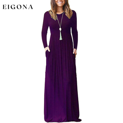 Women Long Sleeve Loose Plain Maxi Dresses Casual Long Dresses with Pockets Purple __stock:500 casual dresses clothes dresses refund_fee:1200 show-color-swatches