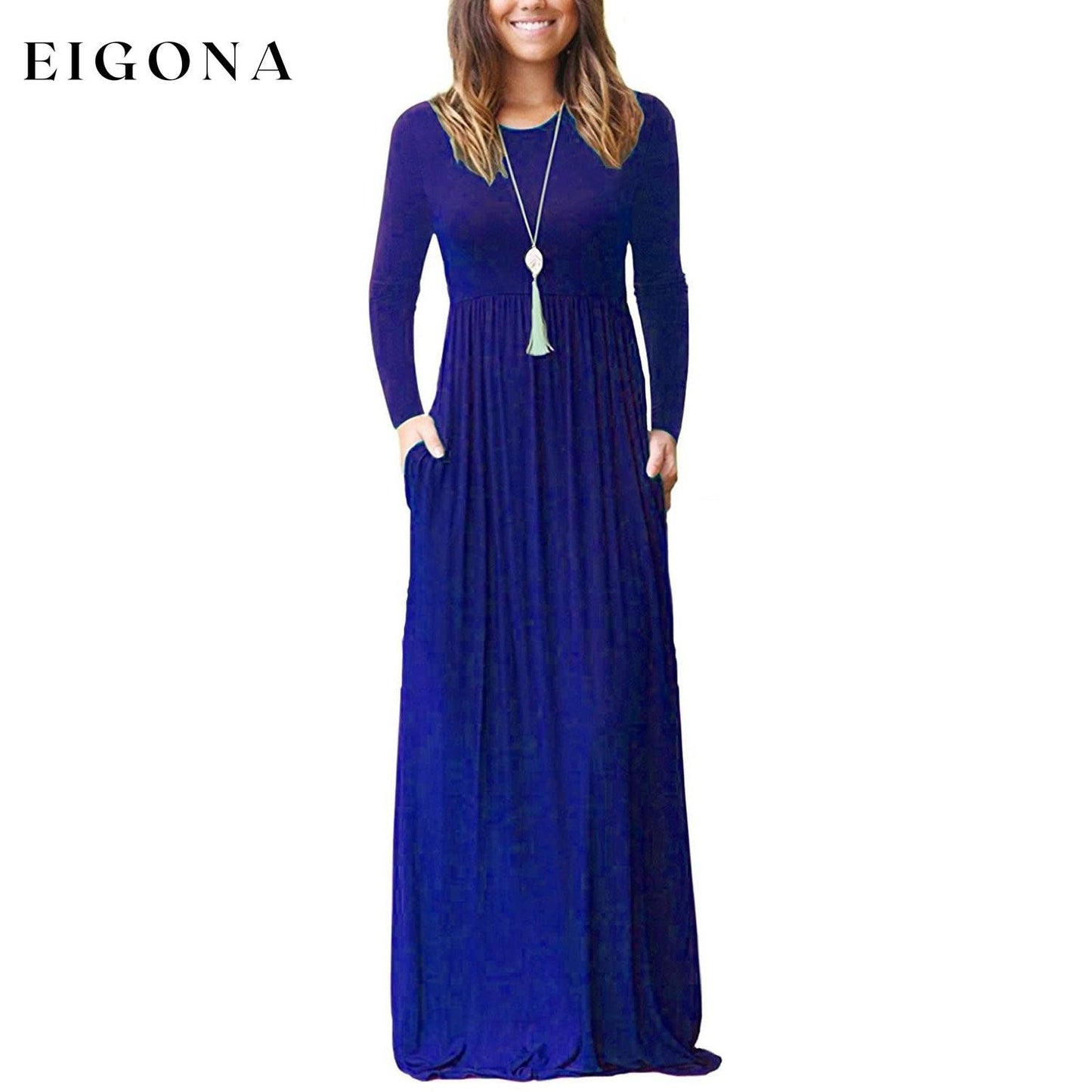 Women Long Sleeve Loose Plain Maxi Dresses Casual Long Dresses with Pockets Royal Blue __stock:500 casual dresses clothes dresses refund_fee:1200 show-color-swatches