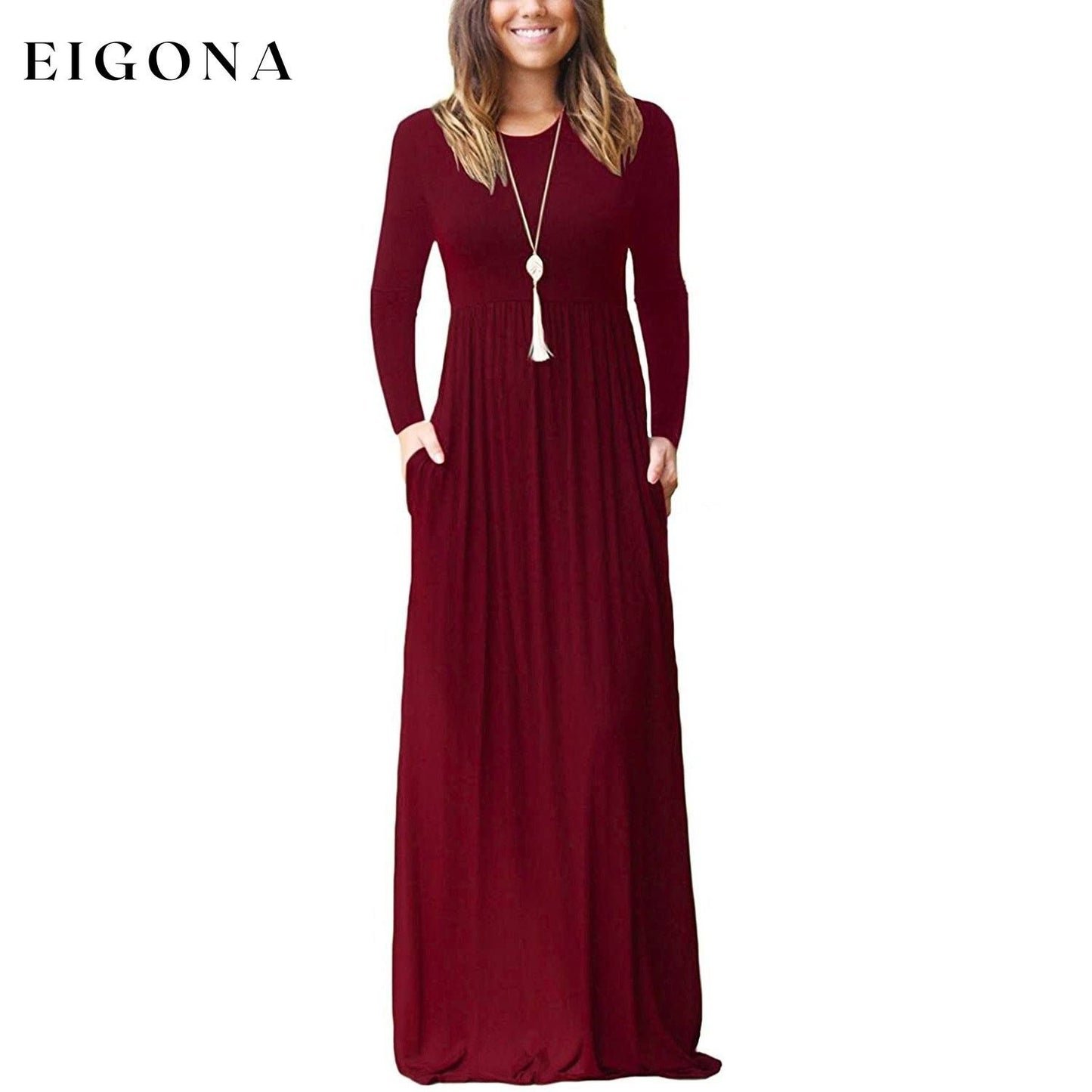 Women Long Sleeve Loose Plain Maxi Dresses Casual Long Dresses with Pockets Wine Red __stock:500 casual dresses clothes dresses refund_fee:1200 show-color-swatches