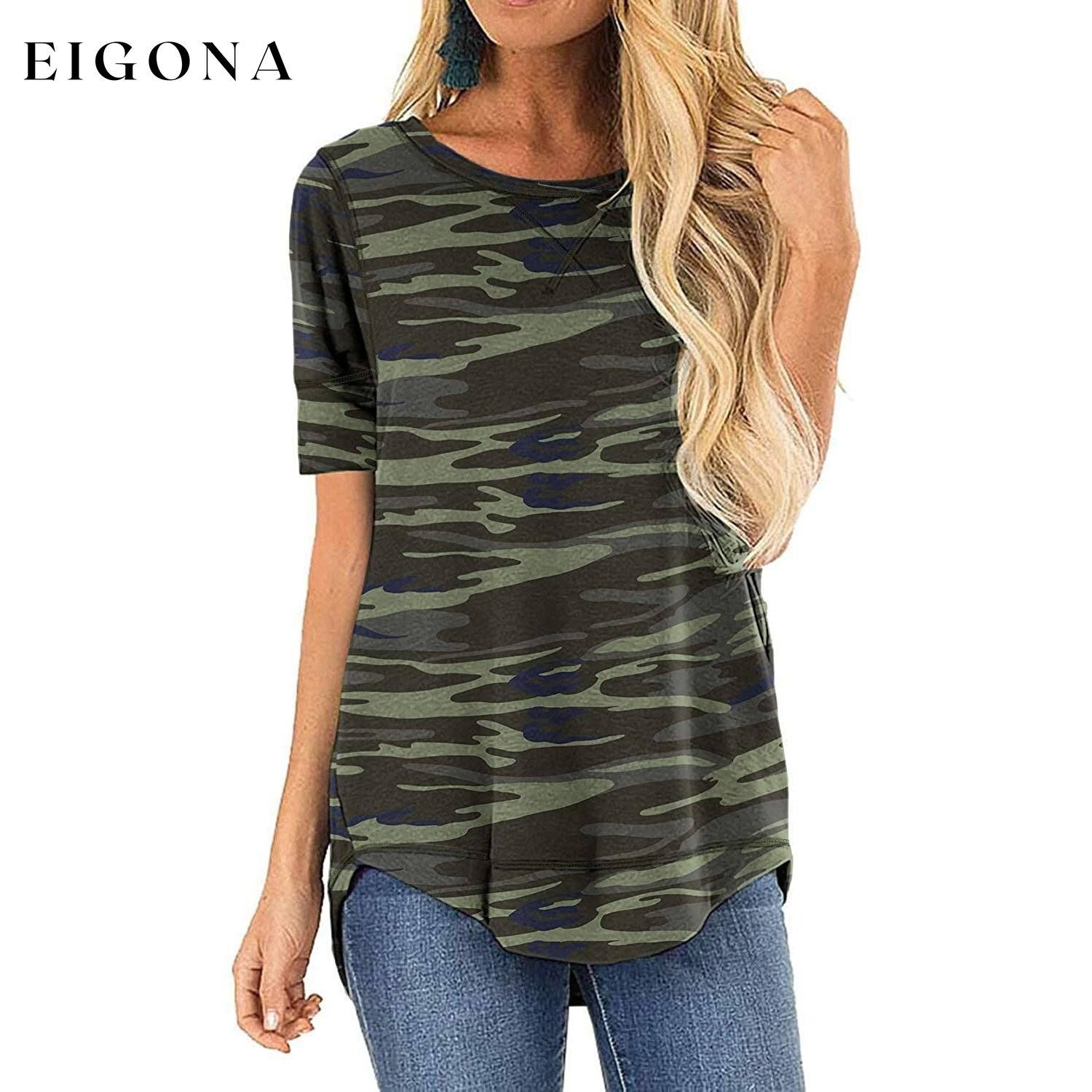 Women Long Sleeve Side Split Casual Loose Tunic Top Camo Green __stock:200 clothes refund_fee:800 tops