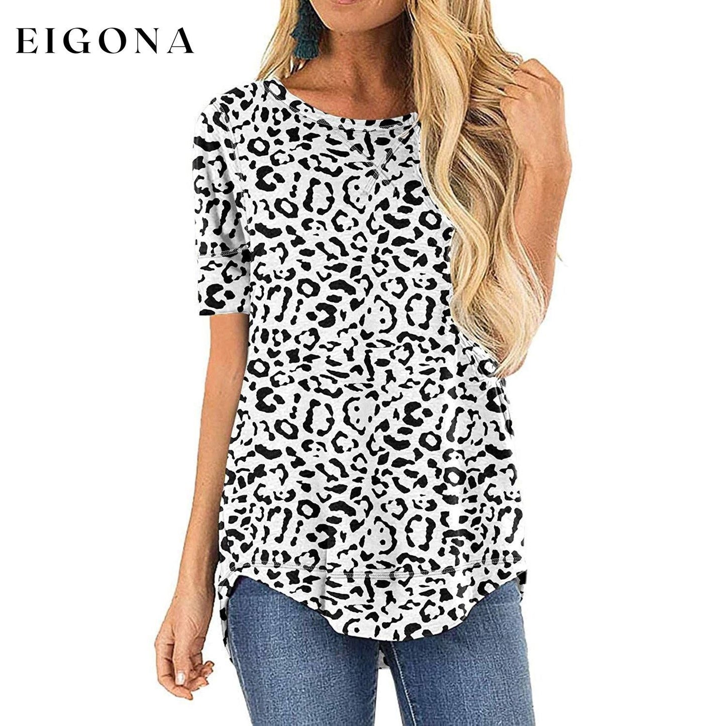 Women Long Sleeve Side Split Casual Loose Tunic Top Leopard White __stock:200 clothes refund_fee:800 tops
