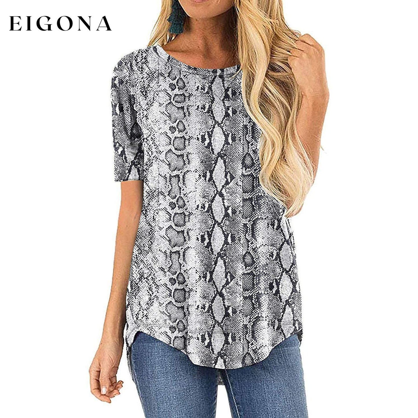 Women Long Sleeve Side Split Casual Loose Tunic Top Snake White __stock:200 clothes refund_fee:800 tops