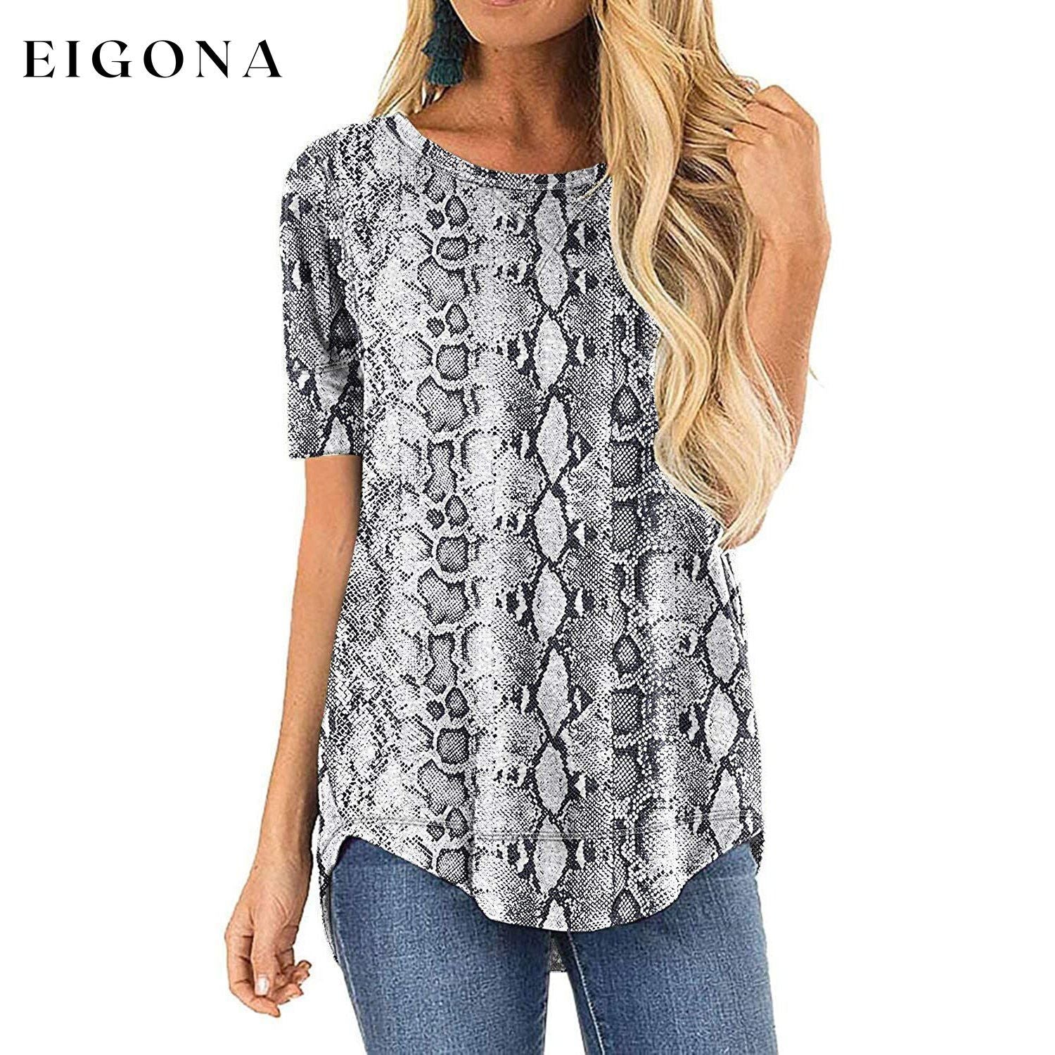 Women Long Sleeve Side Split Casual Loose Tunic Top Snake White __stock:200 clothes refund_fee:800 tops
