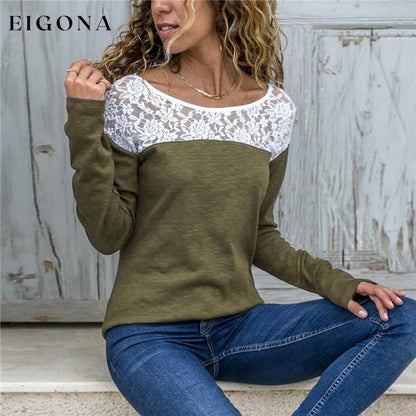 Women Round Neck Sexy Lace Casual Long-Sleeved Top Army Green __stock:100 clothes refund_fee:800 tops