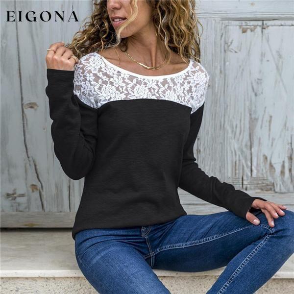 Women Round Neck Sexy Lace Casual Long-Sleeved Top Black __stock:100 clothes refund_fee:800 tops