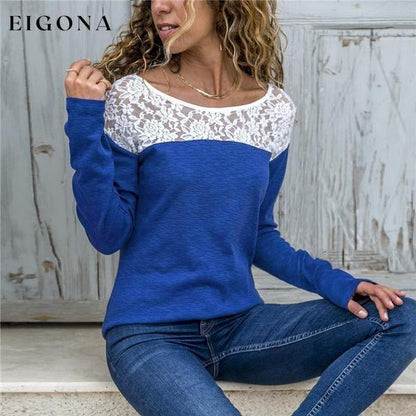 Women Round Neck Sexy Lace Casual Long-Sleeved Top Blue __stock:100 clothes refund_fee:800 tops