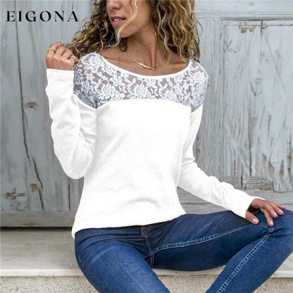 Women Round Neck Sexy Lace Casual Long-Sleeved Top White __stock:100 clothes refund_fee:800 tops