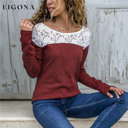 Women Round Neck Sexy Lace Casual Long-Sleeved Top Wine Red __stock:100 clothes refund_fee:800 tops