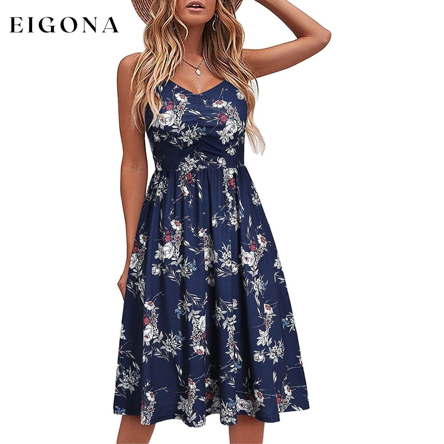 Women Sleeveless Cotton Summer Beach Dress Navy Floral __stock:200 casual dresses clothes dresses refund_fee:1200