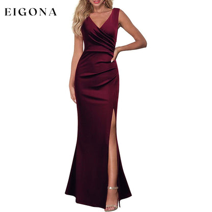 Women Sleeveless V Neck Split Evening Cocktail Long Dress Burgundy __stock:200 casual dresses clothes dresses refund_fee:1200