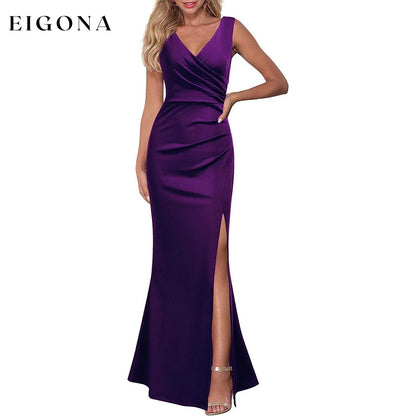 Women Sleeveless V Neck Split Evening Cocktail Long Dress Purple __stock:200 casual dresses clothes dresses refund_fee:1200