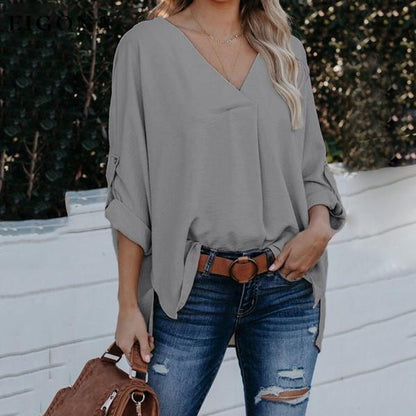 Women Spring and Autumn V-neck Blouse Gray __stock:50 clothes refund_fee:800 tops
