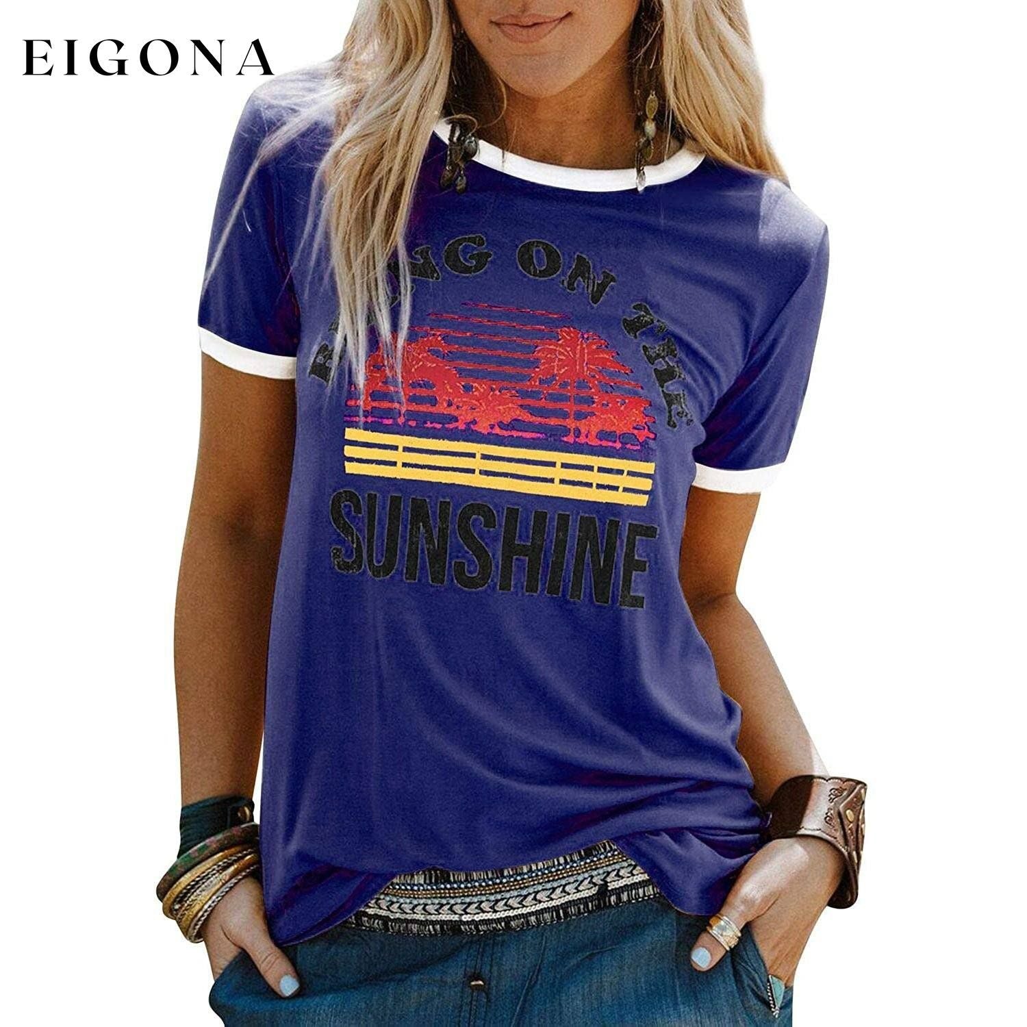 Women Sunshine Graphic Long Sleeves Tees Blouses Blue __stock:200 clothes refund_fee:800 tops