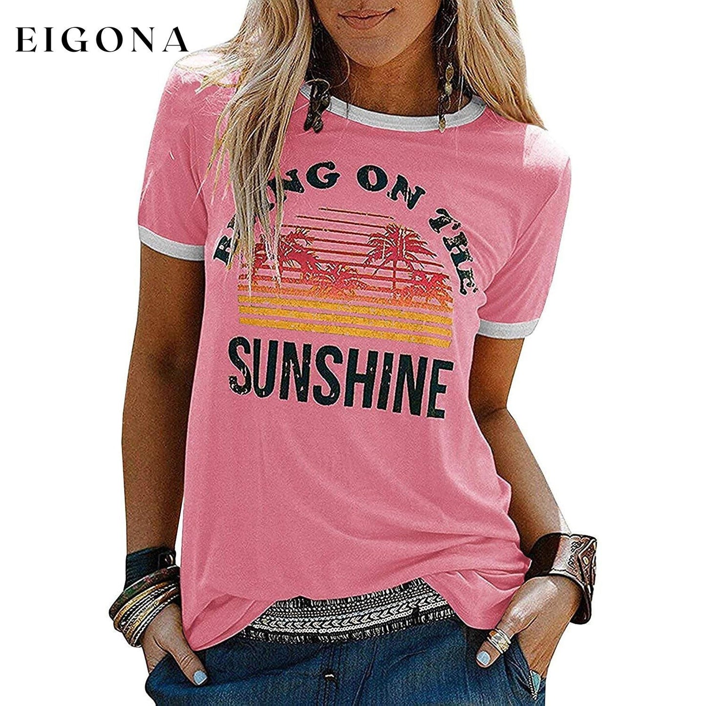 Women Sunshine Graphic Long Sleeves Tees Blouses Pink __stock:200 clothes refund_fee:800 tops