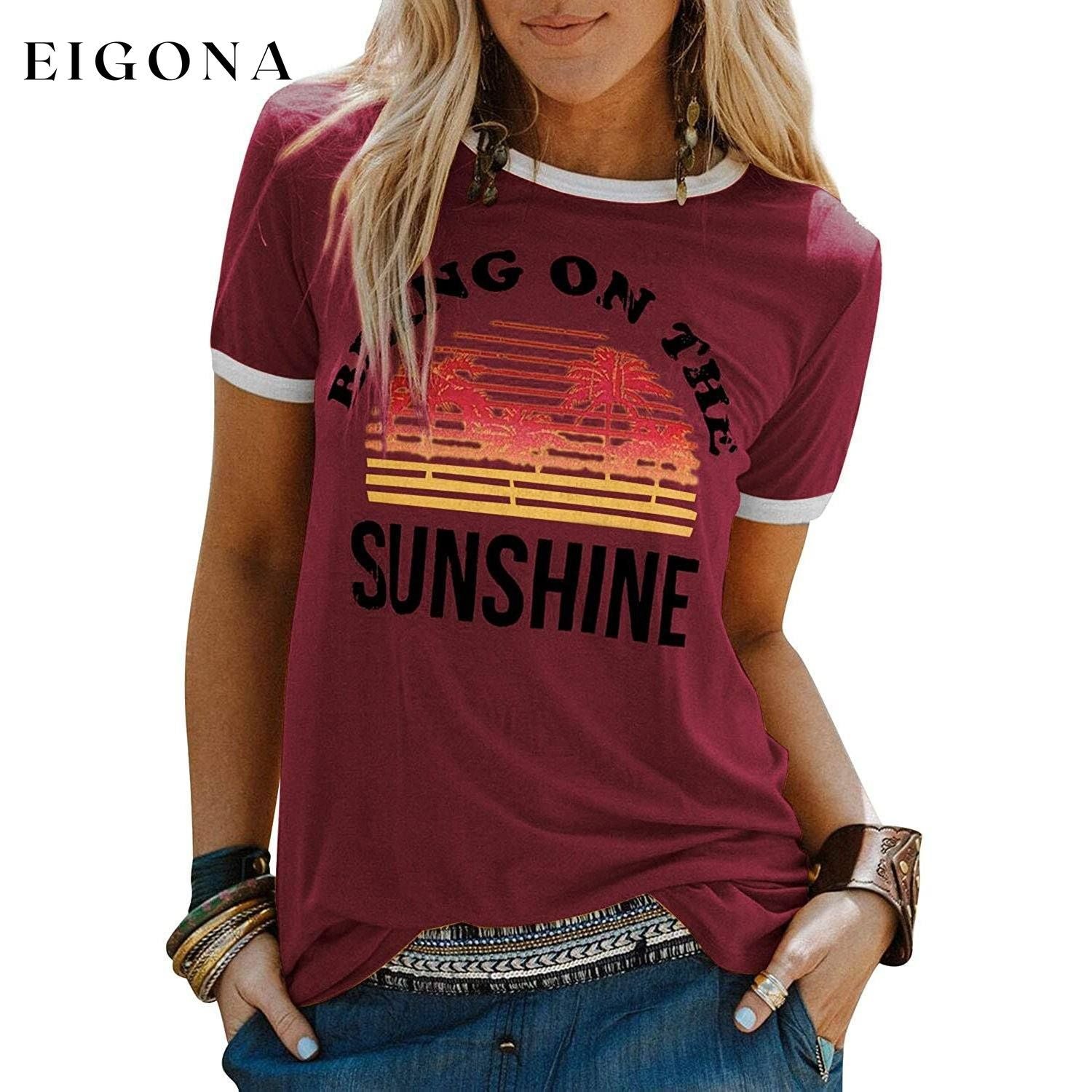 Women Sunshine Graphic Long Sleeves Tees Blouses Wine __stock:200 clothes refund_fee:800 tops