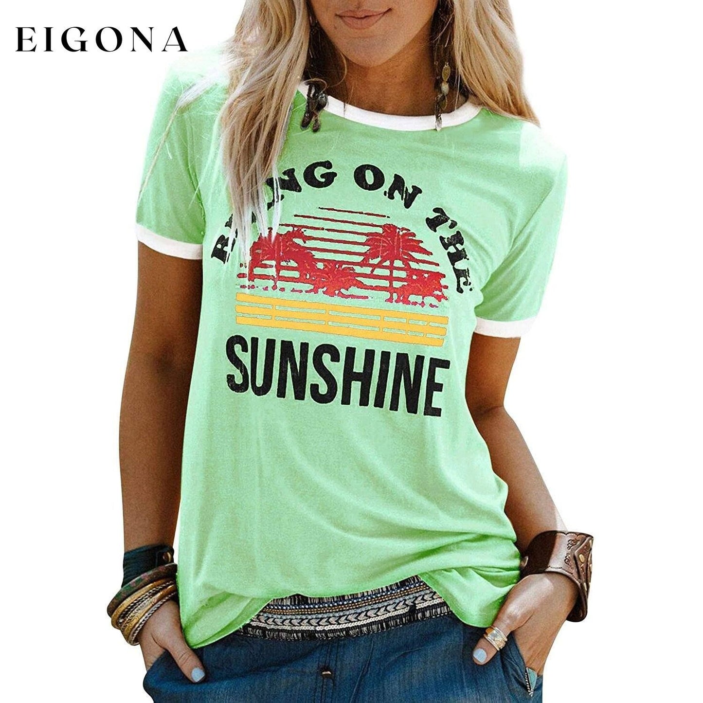 Women Sunshine Graphic Long Sleeves Tees Blouses Green __stock:200 clothes refund_fee:800 tops