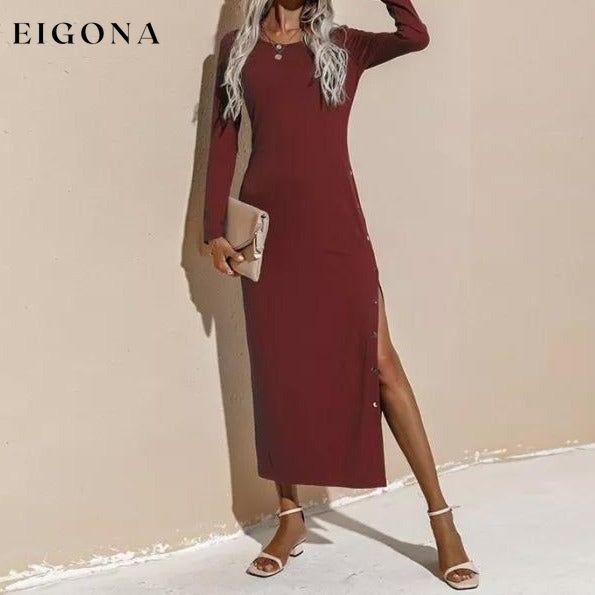 Women's Autumn and Winter Casual Long Sleeve Ladies Dress Wine Red __stock:500 casual dresses clothes dresses refund_fee:1200