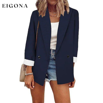 Women's Basic Double Breasted Solid Colored Blazer Dark Blue __stock:200 Jackets & Coats refund_fee:1200
